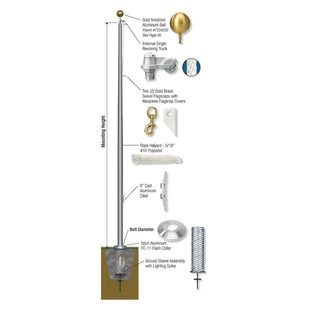 Continental Series 70ft 3 Sections Commercial Flagpole - .250in Wall Thickness - 12in Butt Diameter - Image 3