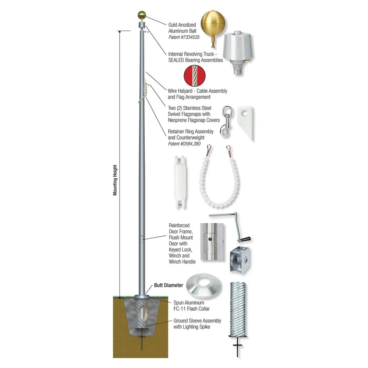 Independence Series 80ft 3 Sections Commercial Flagpole - .375in Wall Thickness - 12in Butt Diameter - Image 3